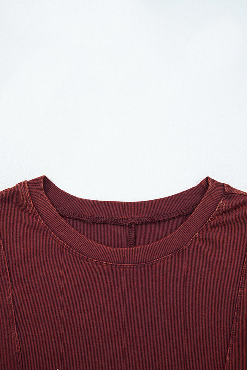Exposed Seam Ribbed Curved Hem Button Cuff Crewneck Long Sleeve Top